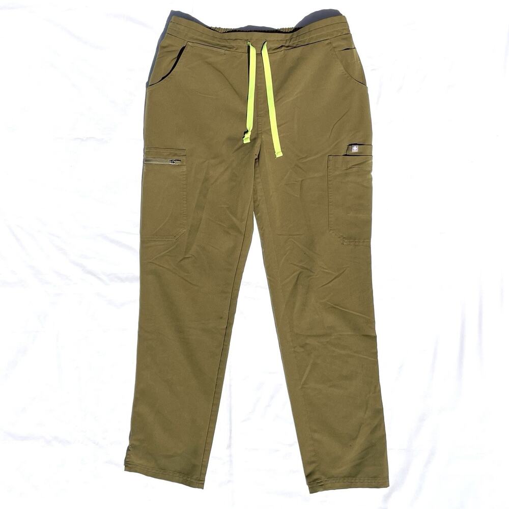 Figs Women's Skinny Scrub Jogger Pants in Olive with Neon Drawstring